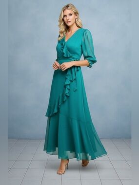 Teal Ruffle Wrap Tie Waist Maxi Dress